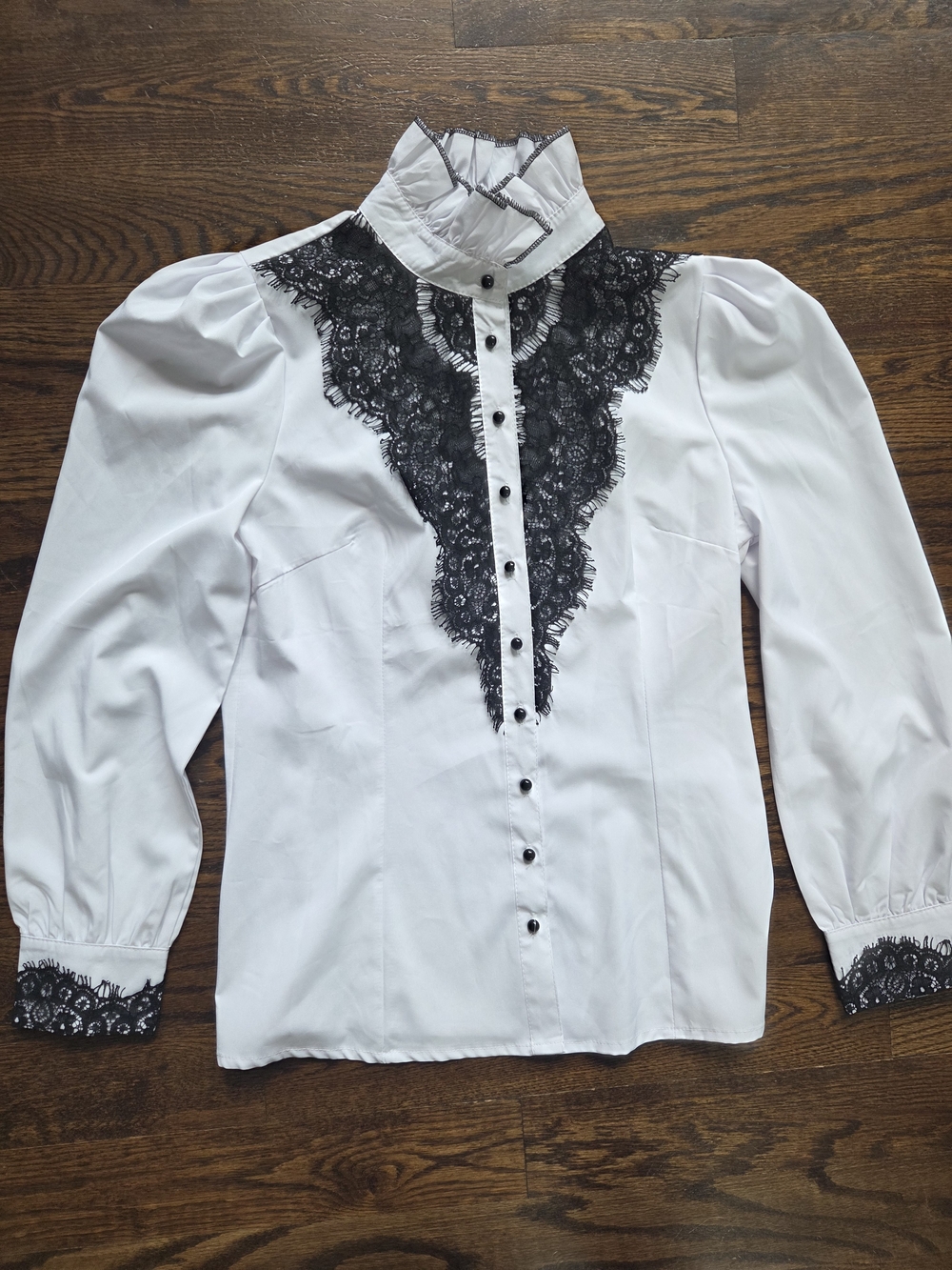 Women's White & Black Lace Victorian Style Gothic Blouse High Ruffled Collar